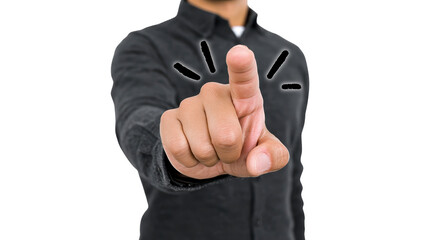 Man pointing finger forward close up hand gesture black shirt isolated on transparency background focus on index finger confident expression communication concept assertive body language