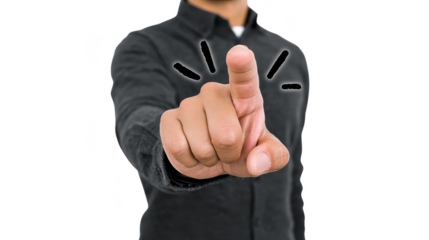 Man pointing finger forward close up hand gesture black shirt isolated on transparency background focus on index finger confident expression communication concept assertive body language