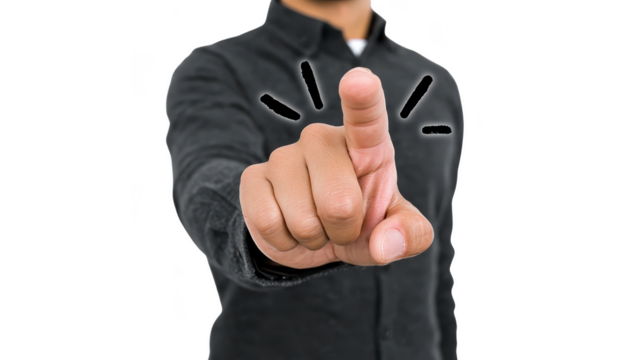 Man pointing finger forward close up hand gesture black shirt isolated on transparency background focus on index finger confident expression communication concept assertive body language