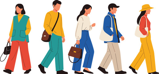 Walking people illustration featuring diverse fashionable men and women in casual outfits carrying bags, perfect for lifestyle design, advertising, and modern projects