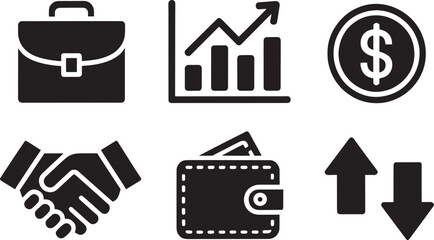 Business and finance icons set including briefcase graph money handshake wallet arrows symbols
