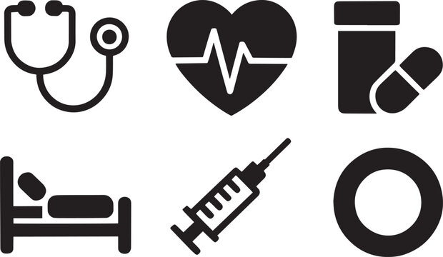 Collection of health medical treatment patient care icons featuring cardiology hospital surgical procedures and medicine