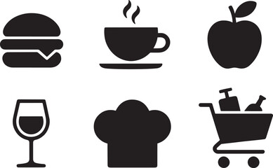 Food and drink culinary icons set with burger coffee apple glass of wine chef hat and shopping cart
