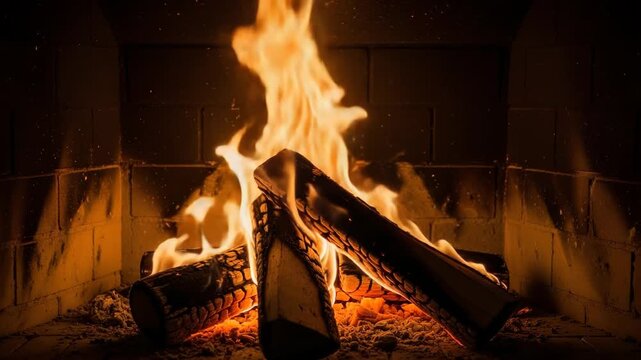 Close-Up of Burning Wood Logs in Brick Fireplace with Roaring Orange Flames - 4K