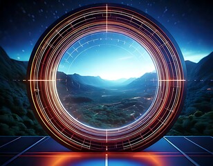Circular portal to valley vista with vibrant concentric neon lines; sci-fi scenery beneath starlit sky