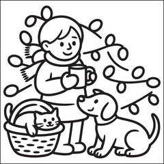 Cozy girls with bold black and white coloring pages