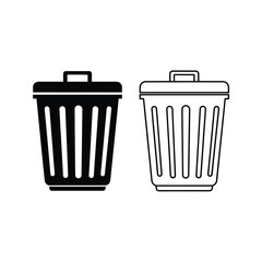 Two trash cans, one solid black icon and one outline illustration, symbolizing waste and recycling concepts.