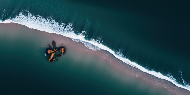 Aerial view of a person lying on a sandy beach with crashing ocean waves and deep blue water