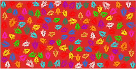 Colorful Abstract Christmas Trees on Red Background Pattern, Seamless Multicolored Geometric Holiday Wallpaper