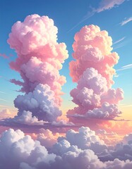 Billowing pink and white clouds stretch towards a blue sky with a golden horizon