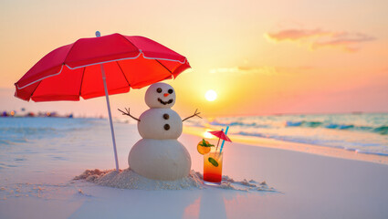 SAND SNOWMAN on the pavement in a hot climate