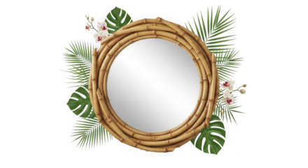 Oval bamboo mirror with tropical leaves and orchids isolated on transparent background