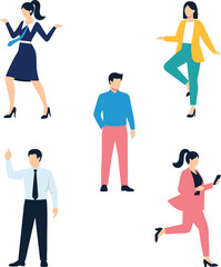 Business people in various poses performing office activities, modern flat style illustration of teamwork, communication, running, standing and casual workplace actions