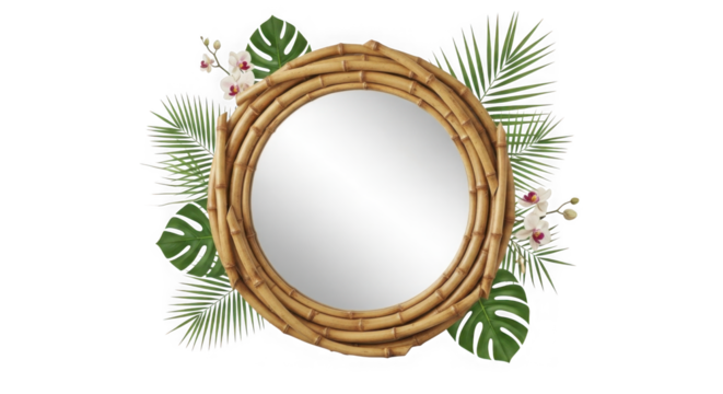 Oval bamboo mirror with tropical leaves and orchids isolated on transparent background