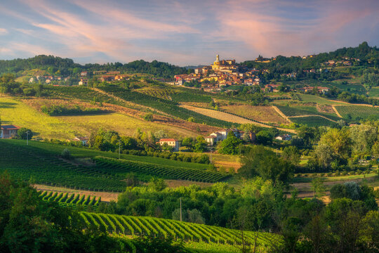 Sunset Over Langhe and Monferrato Vineyards and Montegrosso d'Asti village