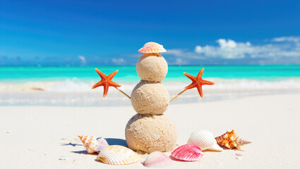 SAND SNOWMAN on the pavement in a hot climate