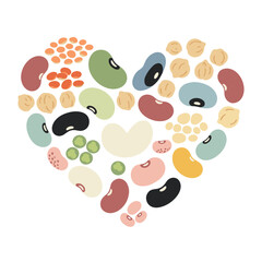 Fototapeta premium Heart shape composed of assorted colorful legumes illustrating concept of Healthy eating and organic food ingredients 