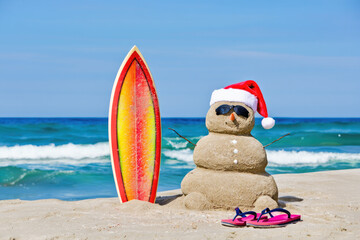SAND SNOWMAN on the pavement in a hot climate