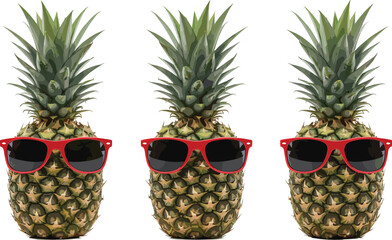 Three Pineapple Vector Illustrations Wearing Stylish Red Sunglasses for Tropical Summer Vacation, Beach Party Fun, Holiday Accessory, and Food Themes.