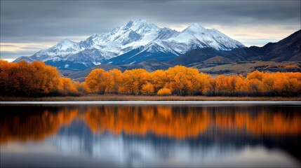 Scenic autumn landscape featuring a lake reflecting the surrounding trees and mountains, under a cloudy sky. The trees display vibrant orange foliage.