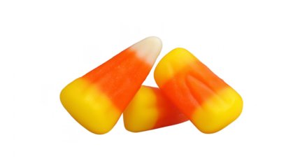 Candy corn sweet colorful triangular yellow orange white festive sugary treat isolated transparency background popular for Halloween nostalgic cheerful seasonal closeup snack confection dessert