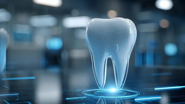 A transparent holographic tooth stands on a digital platform while a blue scanning beam rotates around it, changing position and highlighting the outer surface of the enamel