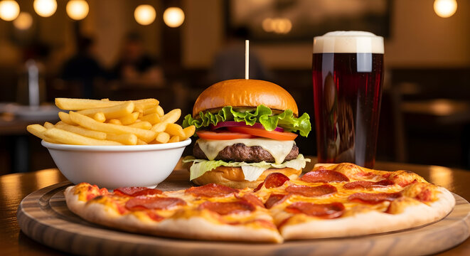A Scrumptious Feast Awaits Tempting Burger Pizza and Fries Delightful Culinary Trio Perfect for Restaurants Menus and Food Blogs Satisfy Your Cravings Now
