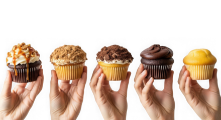 Five assorted cupcakes held by hands isolated on transparent background