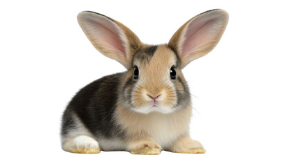 Obraz premium Young brown and white rabbit with large ears sitting on transparency background, looking curious and calm, soft fur texture, adorable pet animal, isolated, perfect for spring or Easter themes