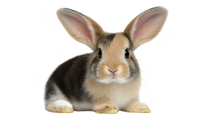 Young brown and white rabbit with large ears sitting on transparency background, looking curious and calm, soft fur texture, adorable pet animal, isolated, perfect for spring or Easter themes