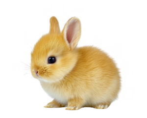 Cute baby rabbit with soft golden fur, large ears, and dark eyes sitting on transparency background, expressing innocence and curiosity, perfect for spring or Easter themes