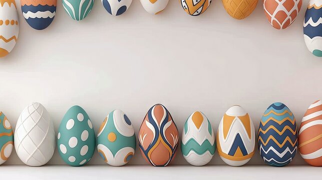 A collection of colorful, decorated Easter eggs arranged on a white background, creating a festive and decorative display.