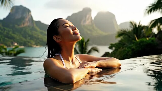 Woman enjoying poolside serenity with tropical mountain views. capturing relaxation and tranquility in nature's embrace.