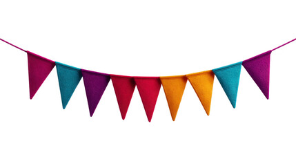Fototapeta premium Colorful fabric pennant banner with triangular flags in red purple blue and yellow perfect for festive party decoration celebration or event backdrop creating cheerful atmosphere