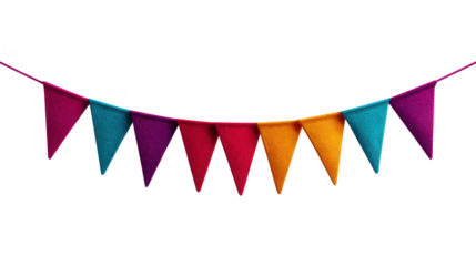 Colorful fabric pennant banner with triangular flags in red purple blue and yellow perfect for festive party decoration celebration or event backdrop creating cheerful atmosphere