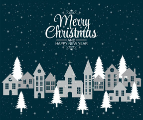 Christmas card with snowy town, white houses, pine trees and falling snow. Merry Christmas and Happy New Year text on a dark background. Great for holiday cards, prints, invitations and winter design.