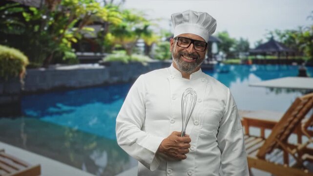 Man in white chef uniform and toque holding a whisk and gripping it with his hand near a pool at a building, wearing glasses and beard; hospitality confidence.