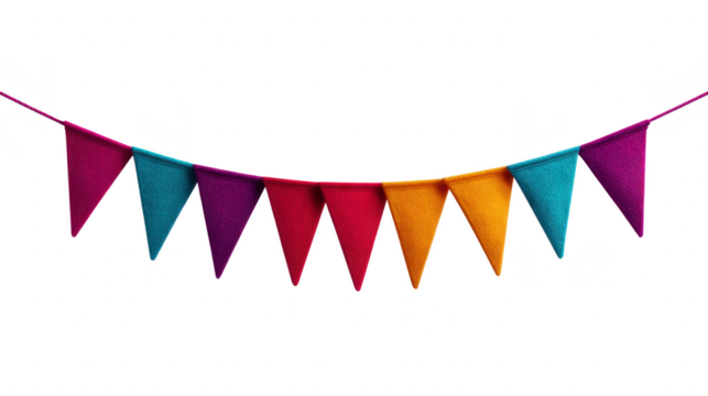 Colorful fabric pennant banner with triangular flags in red purple blue and yellow perfect for festive party decoration celebration or event backdrop creating cheerful atmosphere - Powered by Adobe