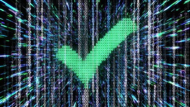 Abstract green tick binary code background featuring a futuristic matrix pattern for digital data technology and software network illustration design