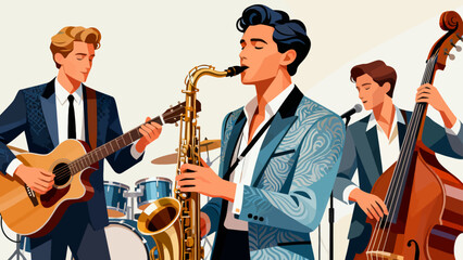 This illustration depicts a musical band (with guitar, bass, drums, and a singer) performing energetically on a stage under colorful stage lights, capturing the lively atmosphere of a live concert.