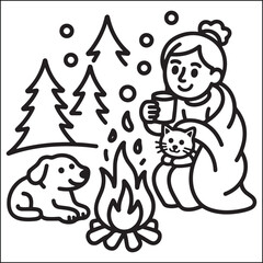 Cozy girls with bold black and white coloring pages