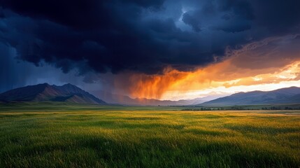 A beautiful landscape photograph of a storm with dark clouds, rain, and a vibrant sunset over a green field and mountains.