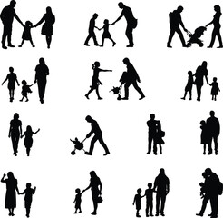 Parent and child silhouettes, family poses, walking, playing, bonding, black icons, stroller scenes, caregiving moments, isolated interaction set