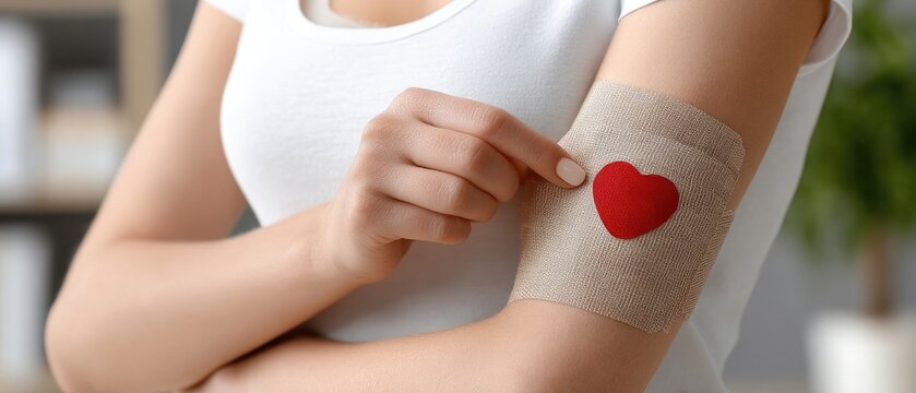 Bandage with heart symbol on arm highlights importance of health and care in community awareness campaign