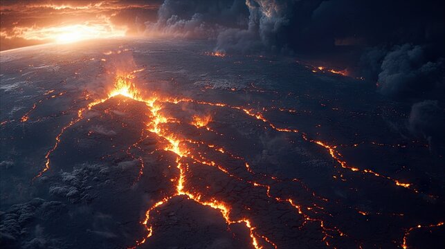 A dramatic image of planet Earth with volcanic eruptions and flowing lava, set against a dark, cloudy sky in space. - Powered by Adobe