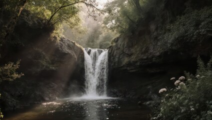 Obraz premium Serene Waterfall in Lush Forest with Sunlight Streaming Through Trees.