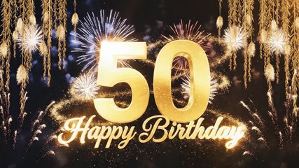 Spectacular 50th birthday celebration with golden numbers and shimmering fireworks display