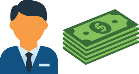 Stylized man in blue suit and tie next to stack of green dollar bills businessman money