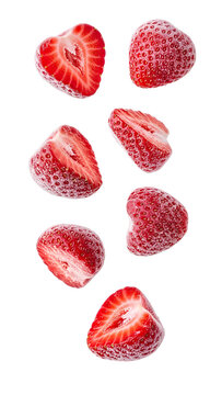 Mixed Frozen Whole and Sliced Strawberries PNG. Falling red berries and cut halves with frost texture. Icy fruit ingredient for milkshake, yogurt, and summer drink advertising isolated