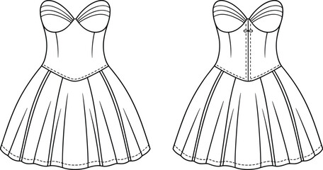 Strapless sweetheart dress sketch, paneled flared skirt and structured bodice detail, front and back view, vector illustration